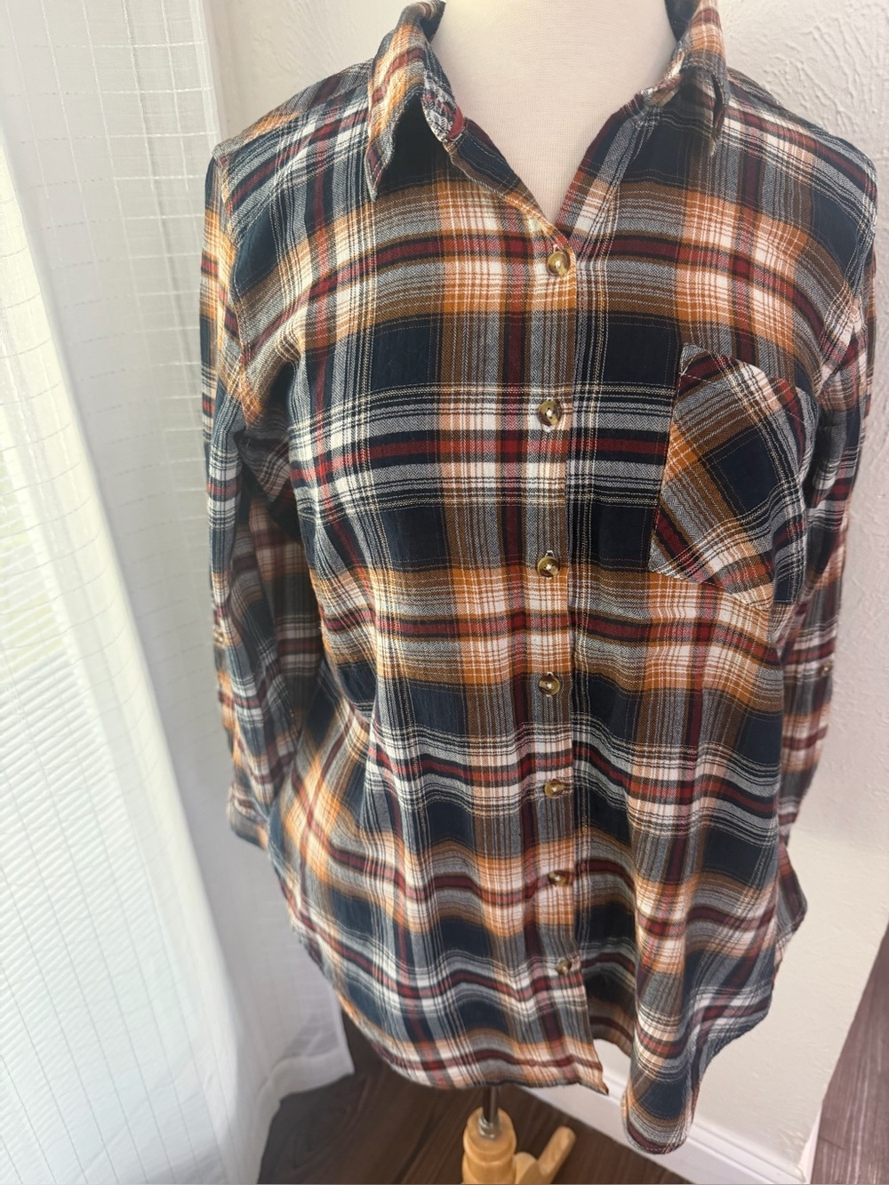 Dressbarn Women’s XL Plaid Blouse 99% Cotton Long Sleeve Fall Colors